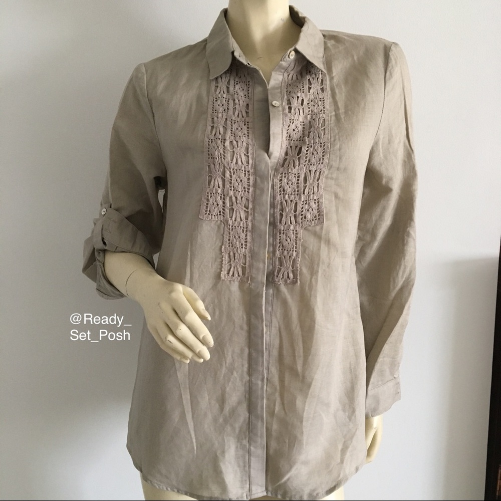 max studio long sleeved button down with crochet detail